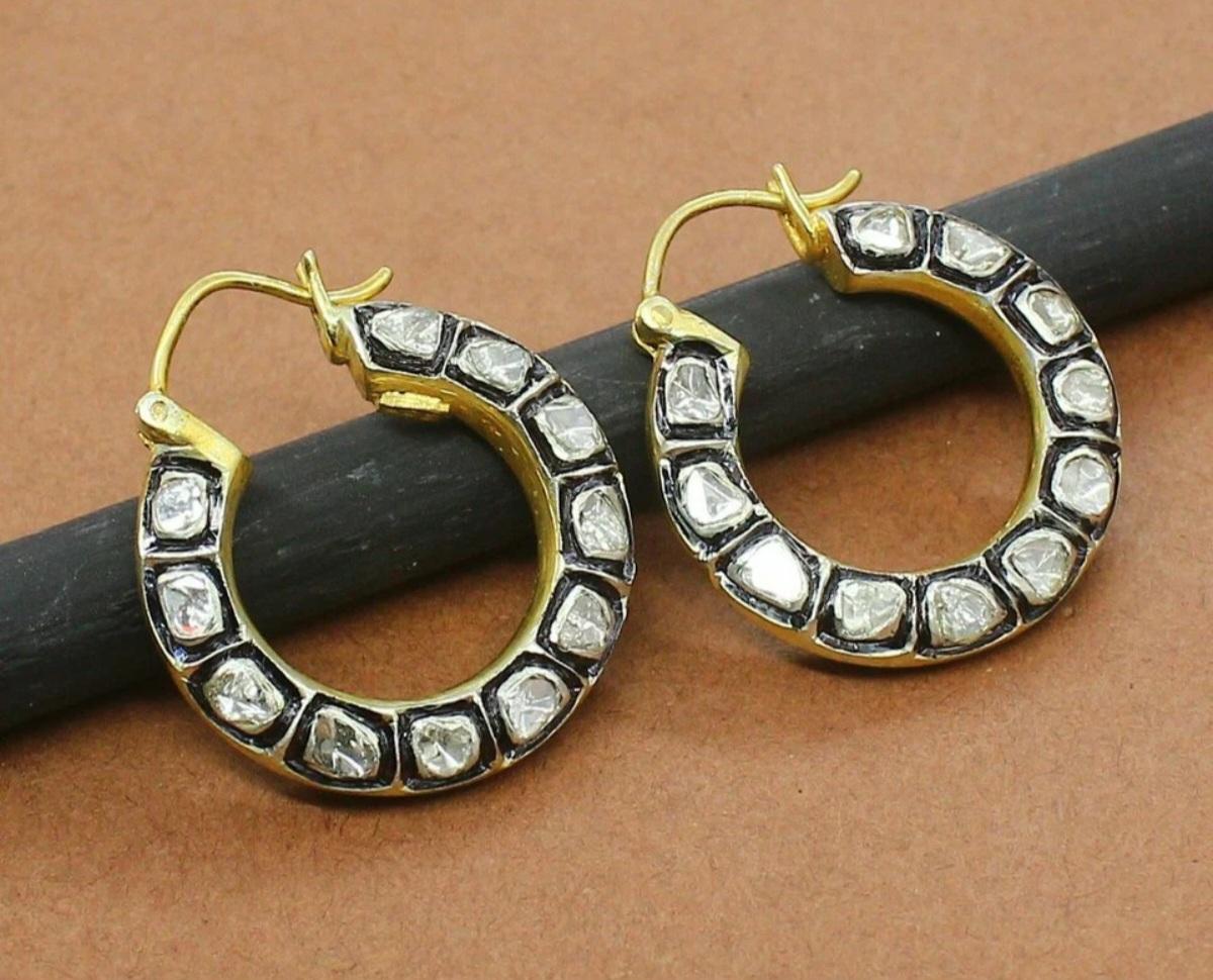 Pendiente de aro de diamante Polki natural Pendiente de diamante de plata 925 Regalo de cumpleaños. Art Decó en venta
