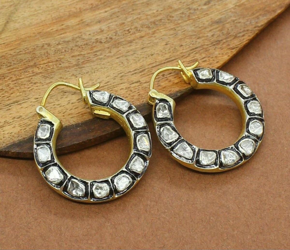 Pendiente de aro de diamante Polki natural Pendiente de diamante de plata 925 Regalo de cumpleaños. Corte redondo en venta