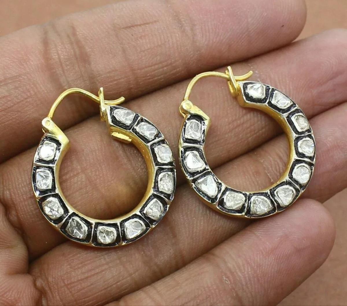 Pendiente de aro de diamante Polki natural Pendiente de diamante de plata 925 Regalo de cumpleaños. en Nuevo estado para la venta en Chicago, IL