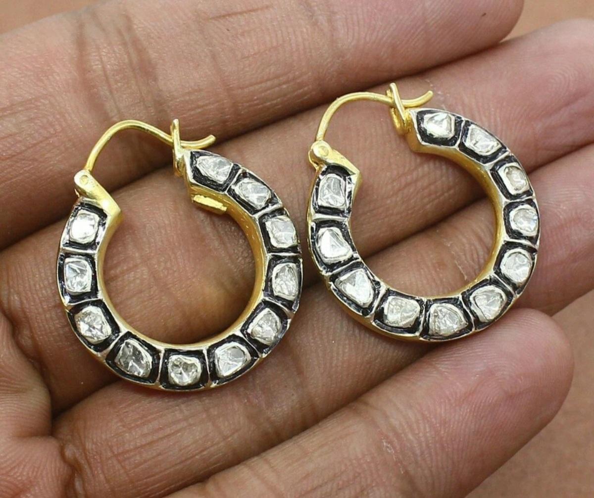 De las mujeres Pendiente de aro de diamante Polki natural Pendiente de diamante de plata 925 Regalo de cumpleaños. en venta