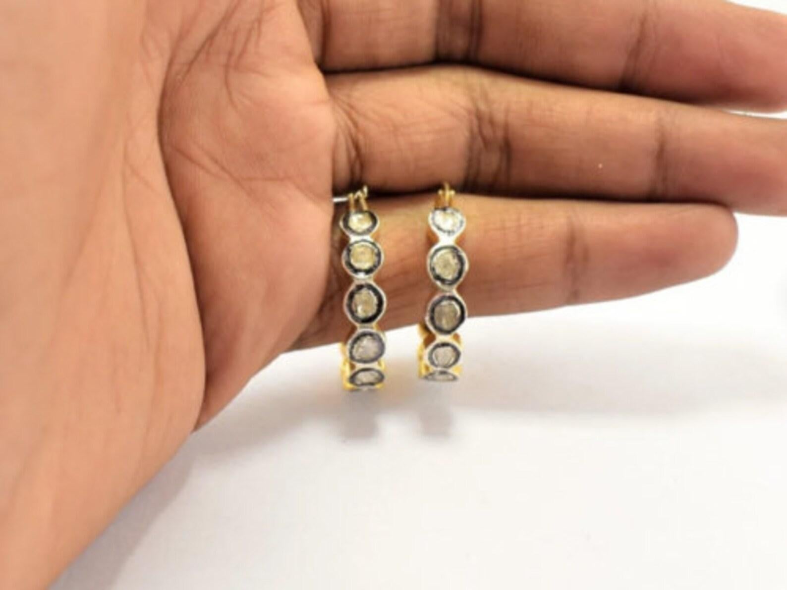 Art Deco Natural Polki Diamond Hoop Earring 925 Sterling Silver 1 Pair Polki Earrings. For Sale