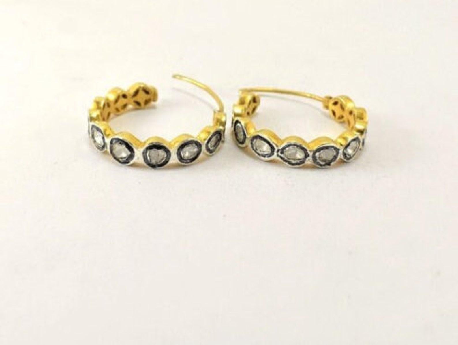 Round Cut Natural Polki Diamond Hoop Earring 925 Sterling Silver 1 Pair Polki Earrings. For Sale