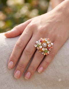 Bague en or 14 carats sertie de pierres Polki naturelles, de pierres semi-précieuses et de diamants