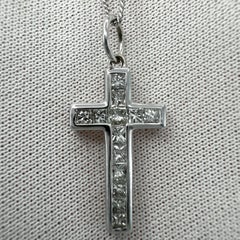 Natural Princess Cut Diamond Cross 18k White Gold Pendant Necklace 24.5x11mm