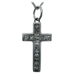 Natural Princess Cut Diamond Cross 18k White Gold Pendant Necklace 24.5x11mm