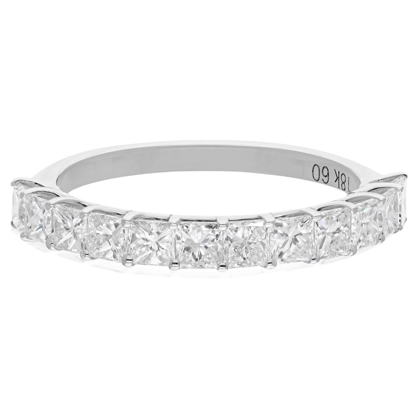 Natural Princess Cut Diamond Half Band Ring 18 Karat White Gold Handmade Jewelry
