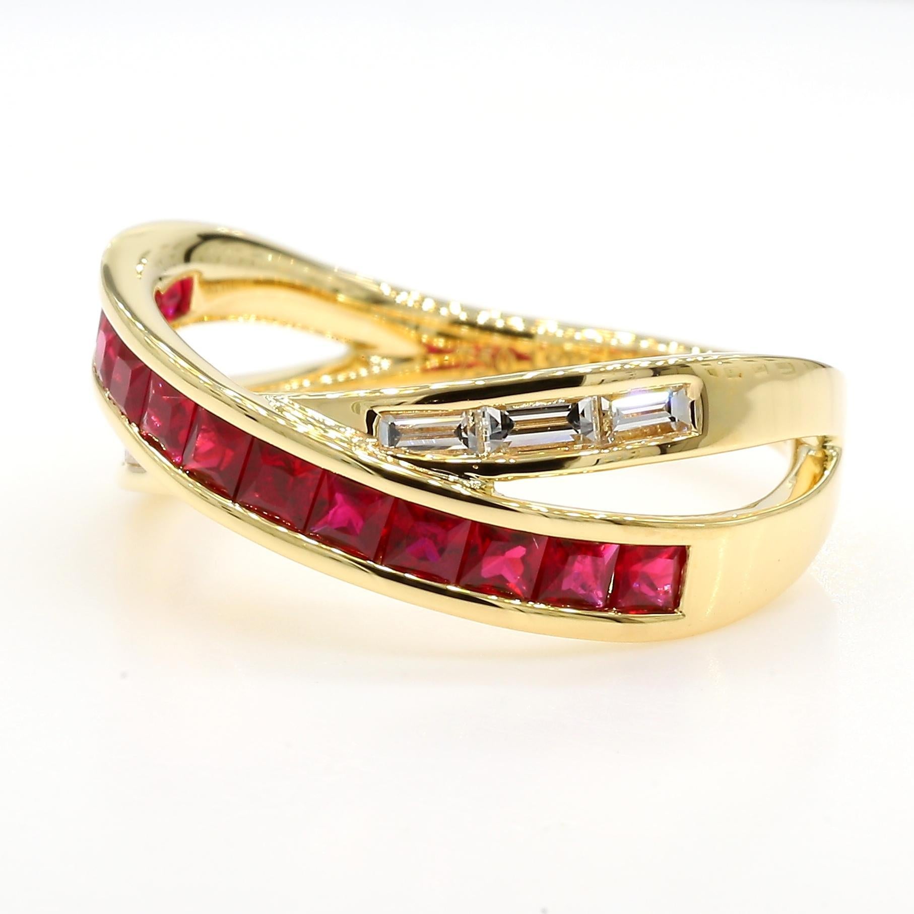 RareGemWorld's intriguing ruby ring. Mounted in a beautiful 18K Yellow Gold setting with natural princess cut red ruby's complimented by natural white baguette cut diamonds. This ring is guaranteed to impress and enhance your personal