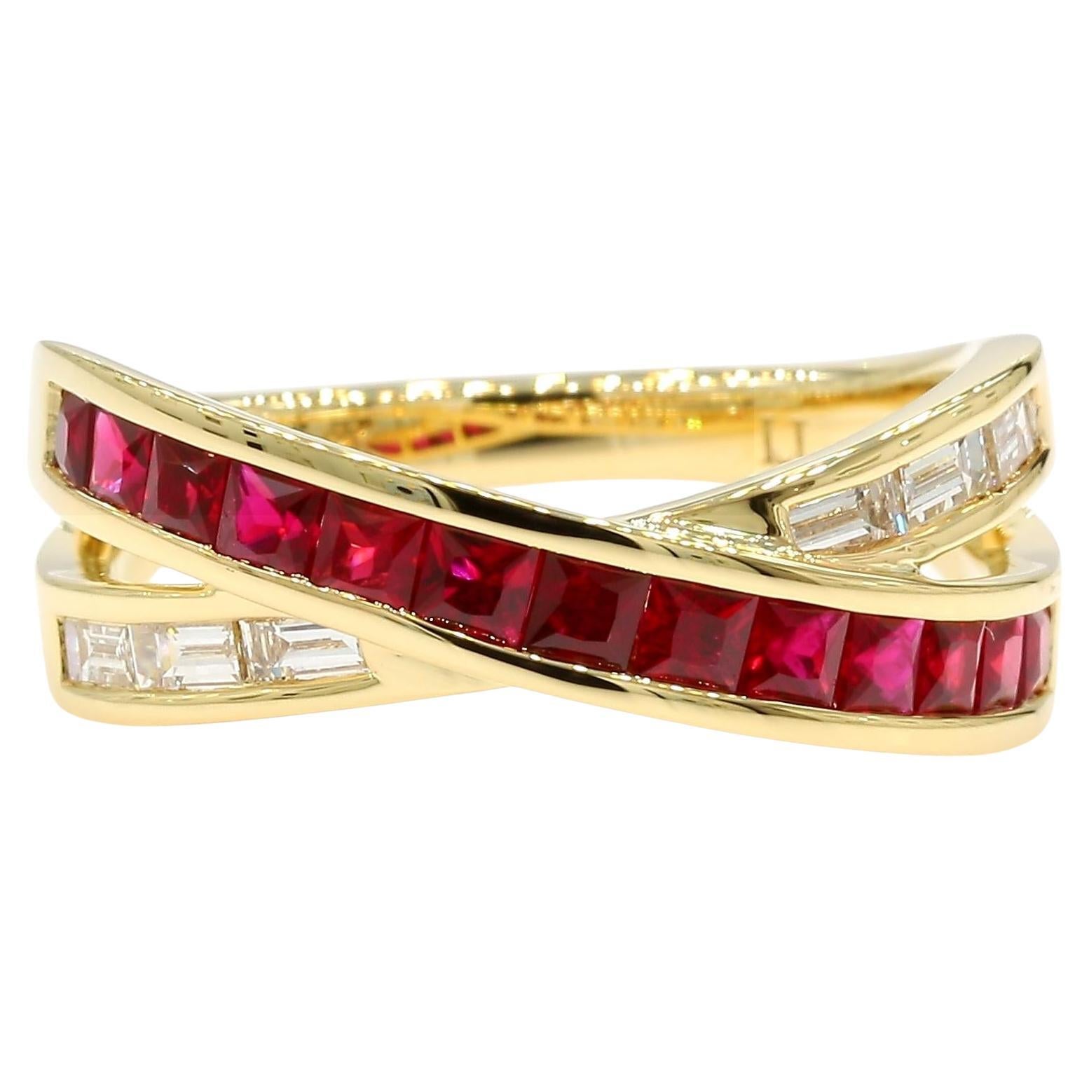 Natural Princess Cut Ruby and White Diamond 1.14 Carat TW Gold Cocktail Ring For Sale