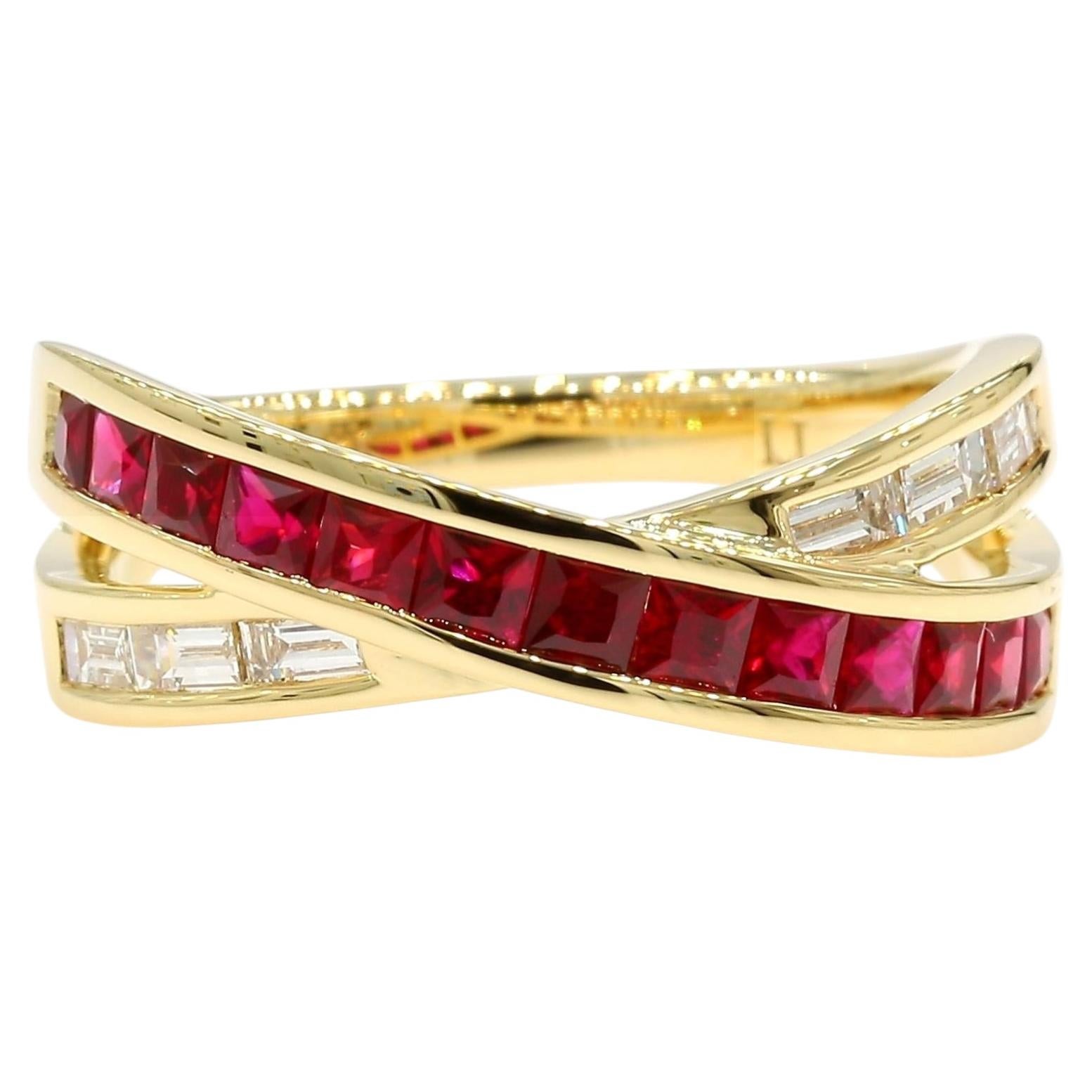 Natural Princess Cut Ruby and White Diamond 1.14 Carat TW Gold Cocktail Ring For Sale