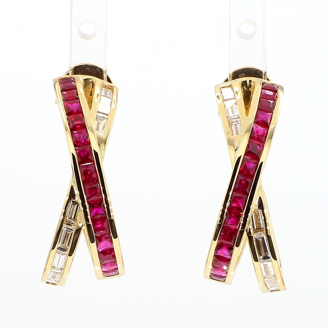 Contemporary Natural Princess Cut Ruby and White Diamond 1.86 Carat TW Gold Stud Earrings For Sale