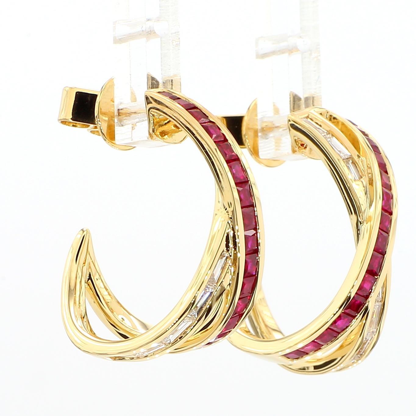 Natural Princess Cut Ruby and White Diamond 1.86 Carat TW Gold Stud Earrings In New Condition For Sale In New York, NY