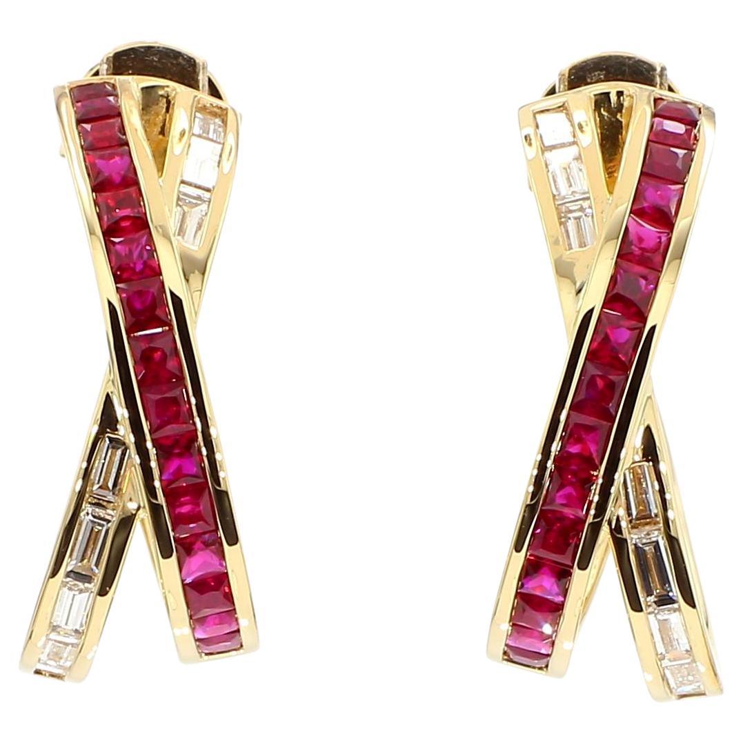 Natural Princess Cut Ruby and White Diamond 1.86 Carat TW Gold Stud Earrings For Sale