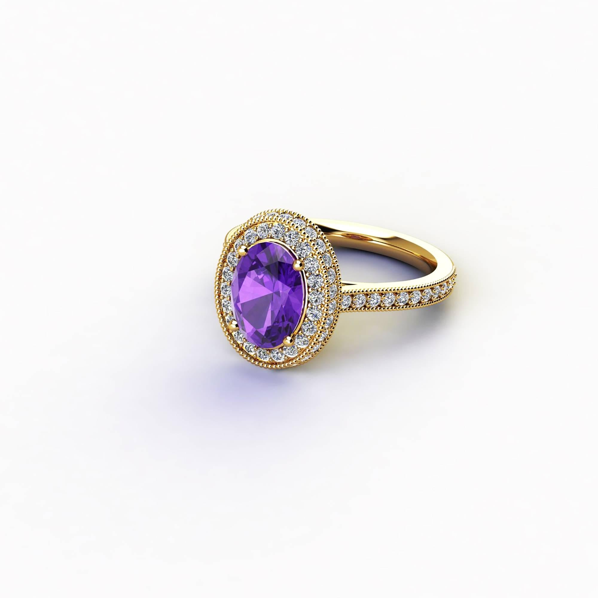 Art Deco Natural Purple Amethyst and White Diamonds 18 Karat Gold Ring For Sale