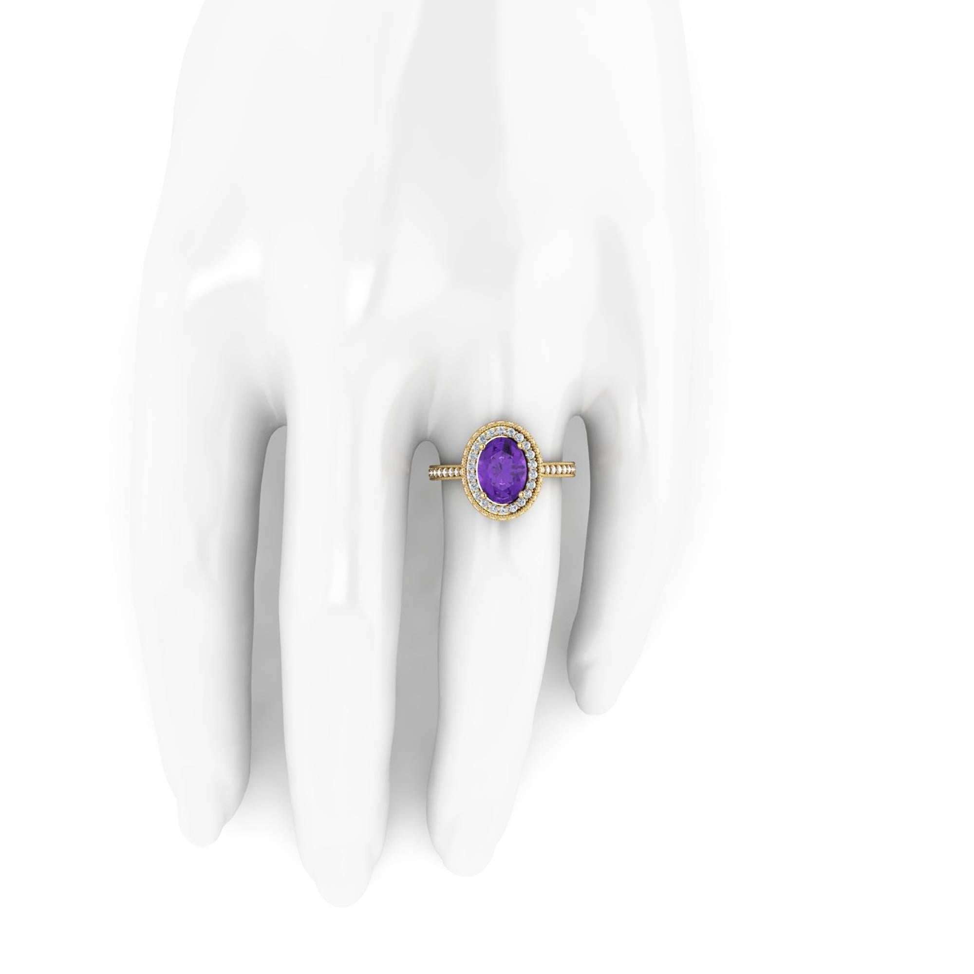 Oval Cut Natural Purple Amethyst and White Diamonds 18 Karat Gold Ring For Sale