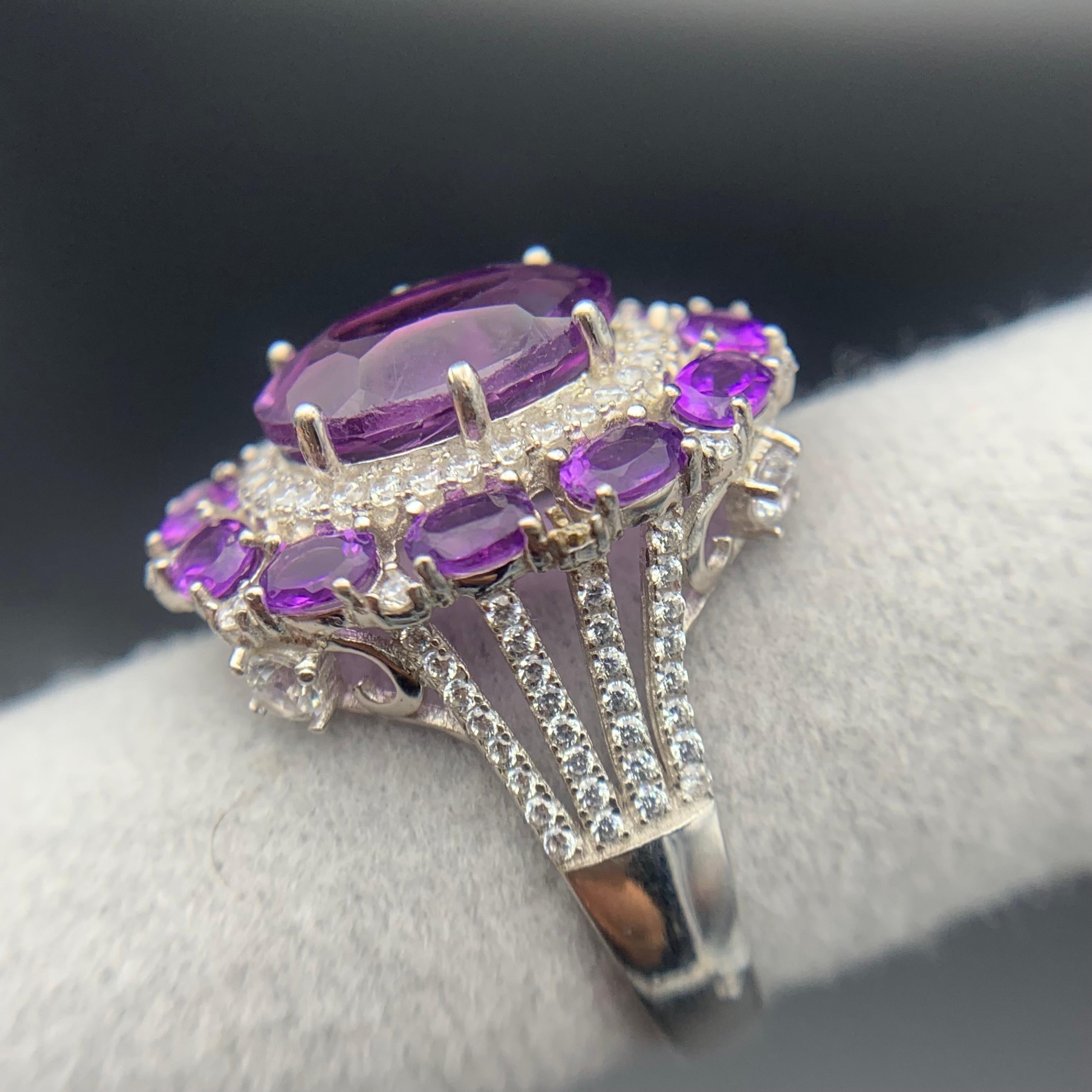 Natürlicher lila Amethyst Cluster Halo Ring in 925 Sterling Silber Rhodium plattiert im Angebot 6