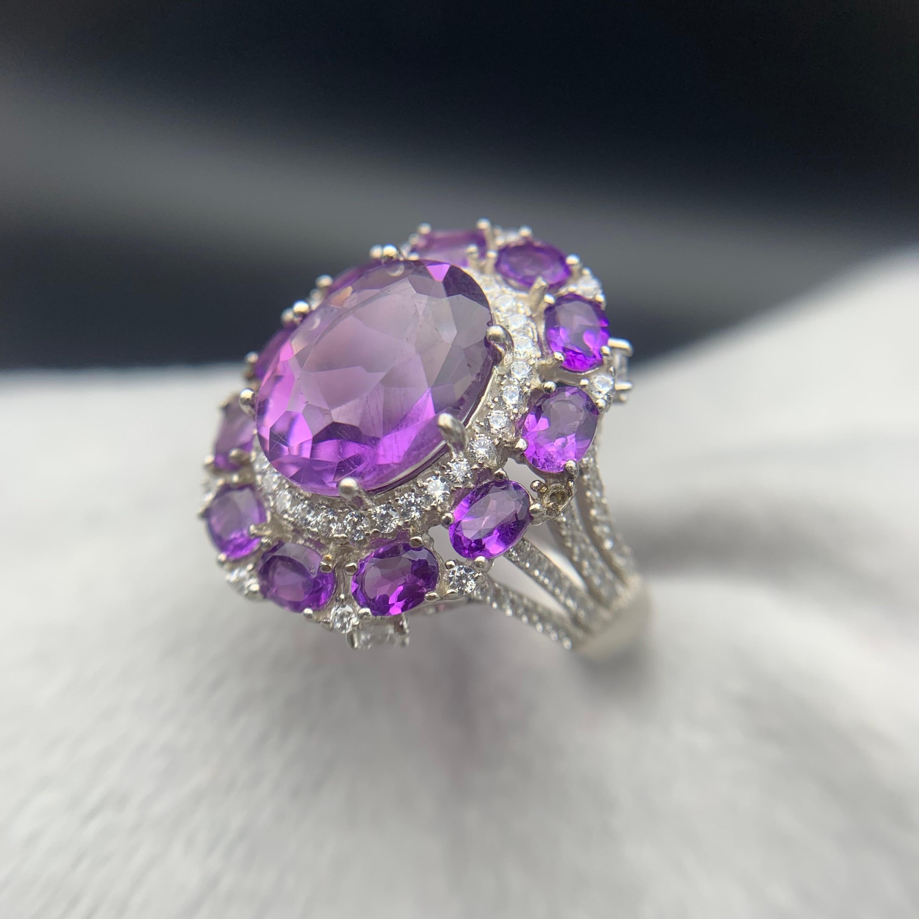Natürlicher lila Amethyst Cluster Halo Ring in 925 Sterling Silber Rhodium plattiert im Angebot 11