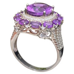 Anello a forma di cluster di ametiste naturali viola in argento 925 placcato in rodio