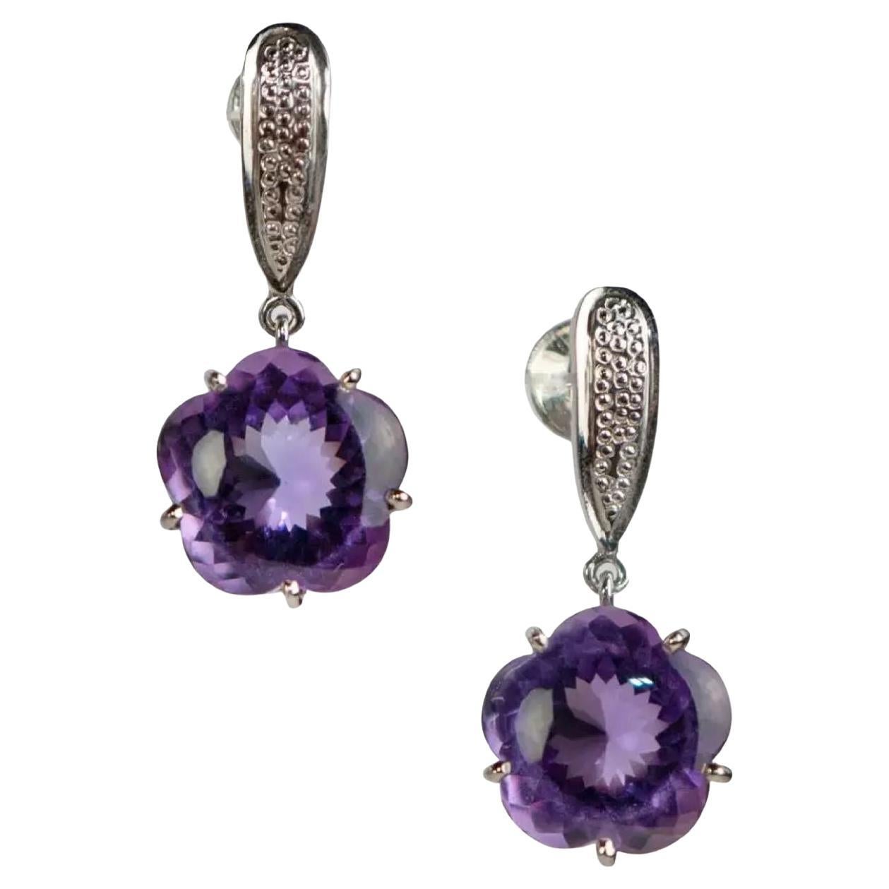 Natural Purple Amethyst Drop Earrings in 18K White Gold