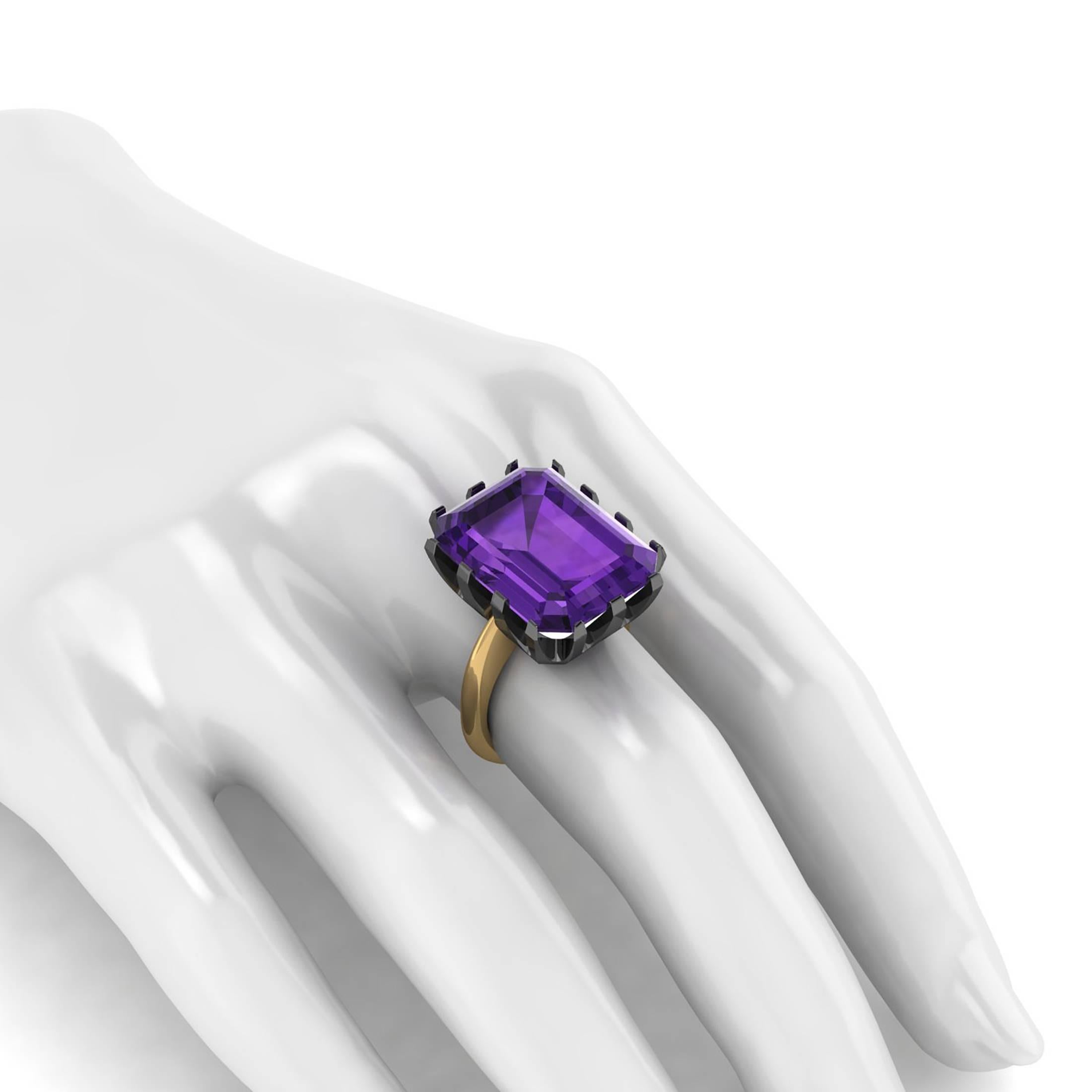 Natural Purple Amethyst Emerald Cut in Two-Tone 18 Karat Yellow and Black Gold 1