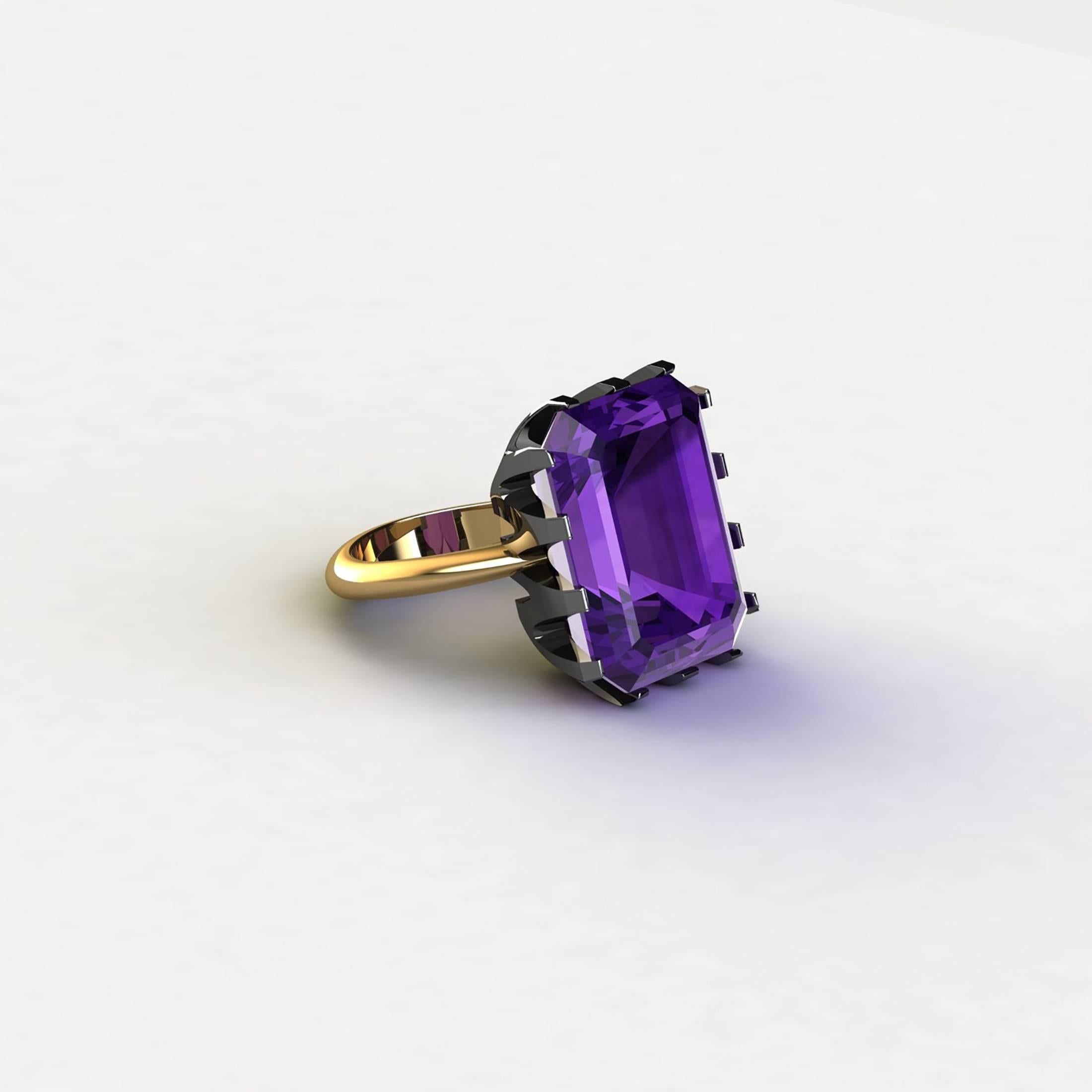 Natural Purple Amethyst Emerald Cut in Two-Tone 18 Karat Yellow and Black Gold 2