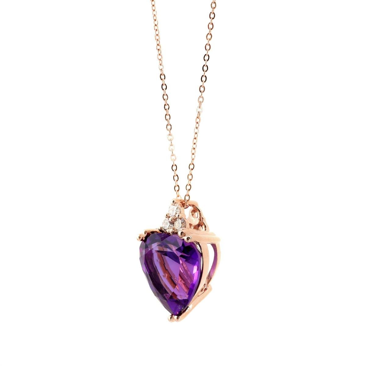 Mixed Cut Natural Purple Amethyst Gemstone 4.38 cts in 14K Rose Gold Pendant with Diamonds For Sale