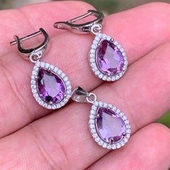 Natural Purple Amethyst Stud Earrings & a Necklace Pendant Set in 925 St. Silver