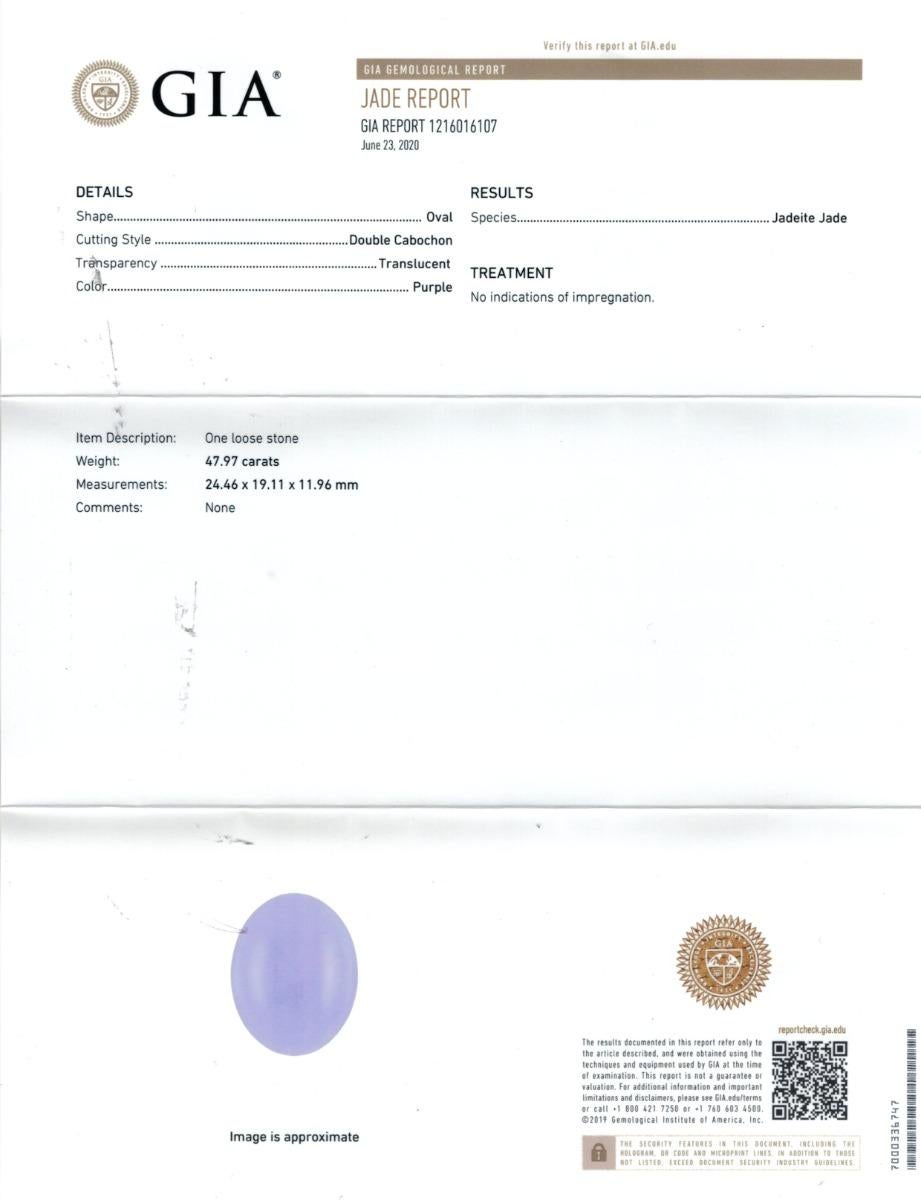 Discover the serene elegance of this natural purple jadeite jade, weighing an impressive 47.97 carats. With its smooth double cabochon cut and rich lavender hue, this exceptional gemstone exudes calm sophistication and timeless beauty—perfect for