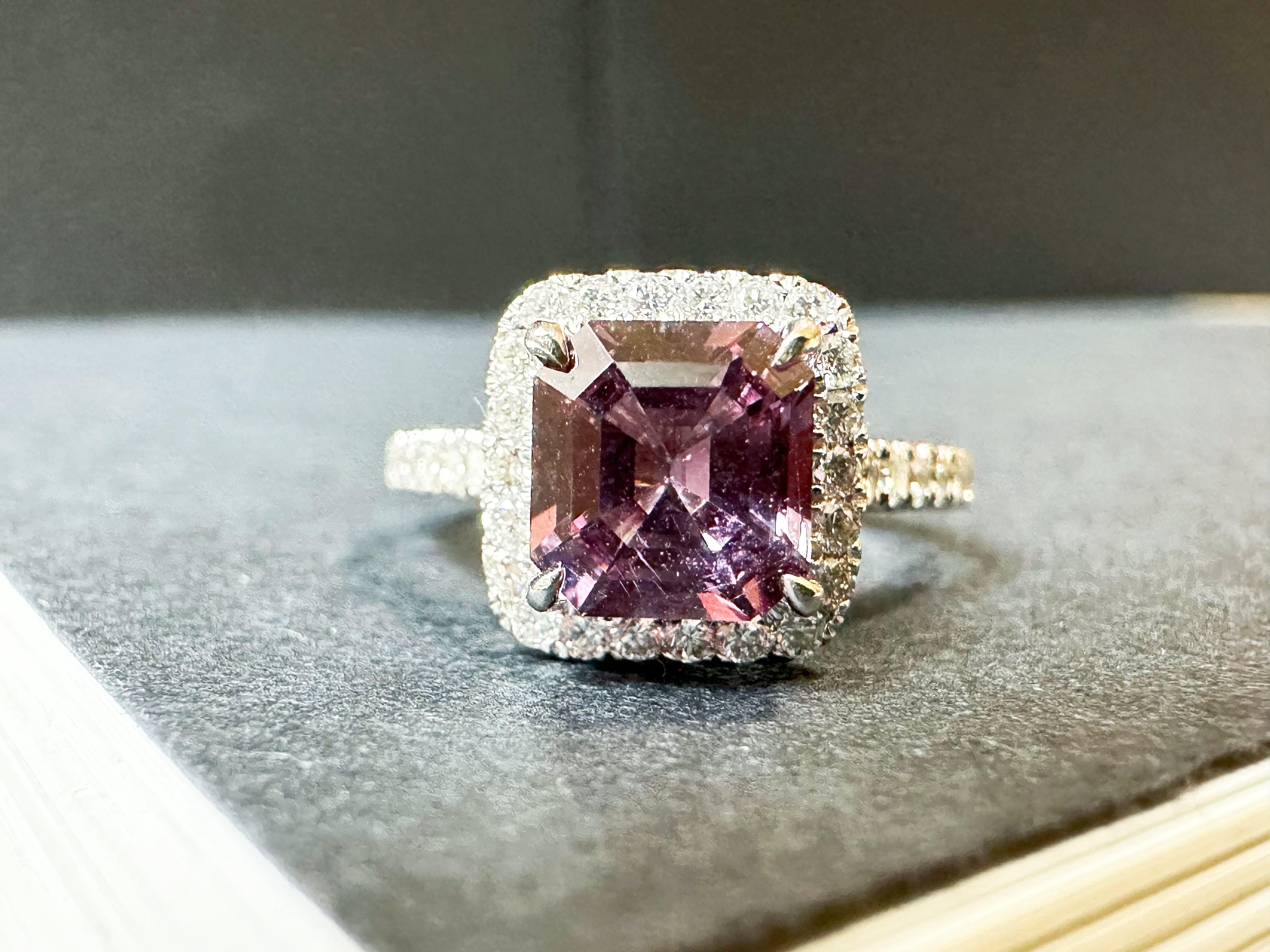 Asscher Cut Natural Purple Lavender Spinel Halo Ring in 18K White Gold Diamond For Sale