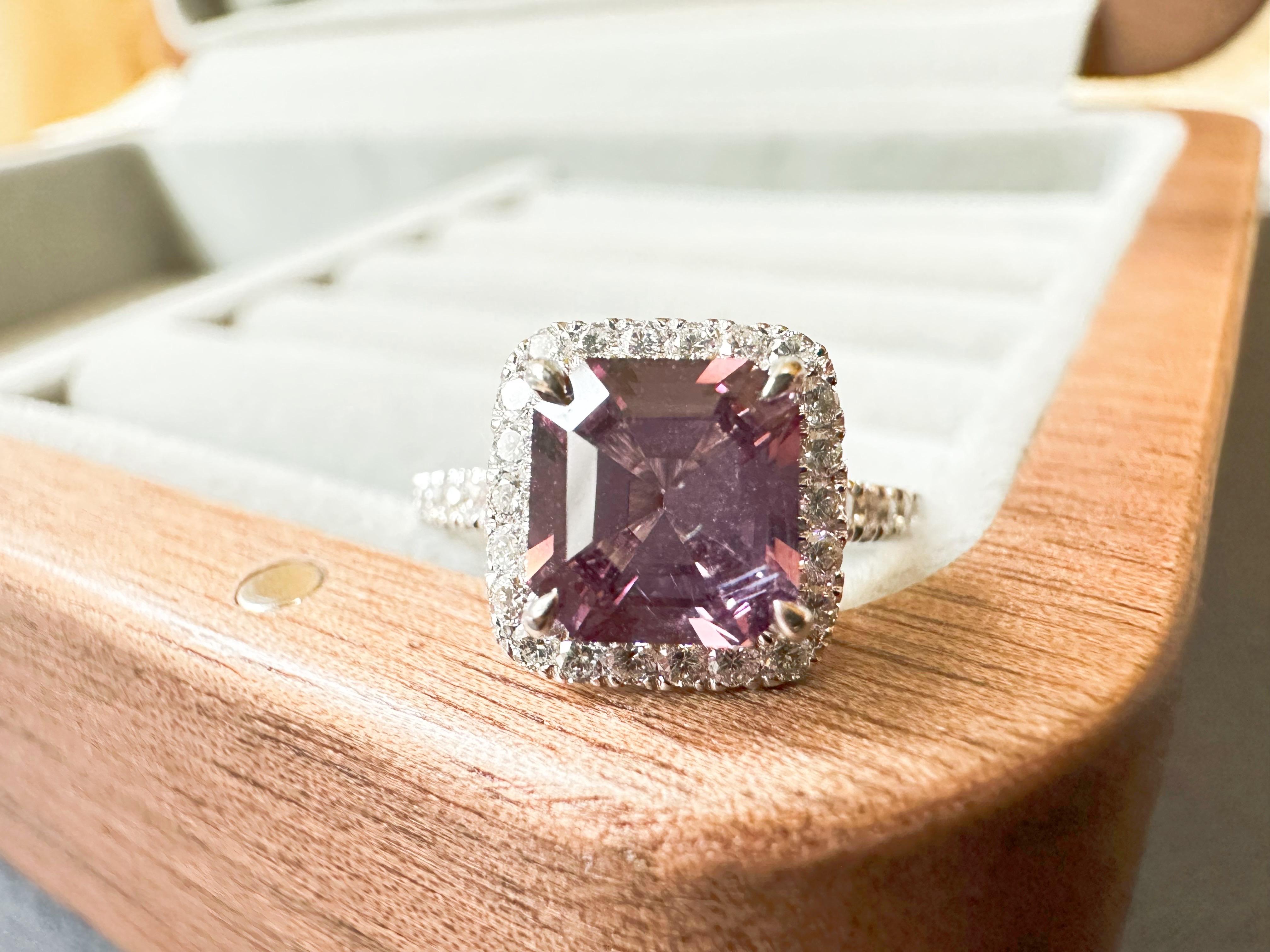 Natural Purple Lavender Spinel Halo Ring in 18K White Gold Diamond For Sale 2