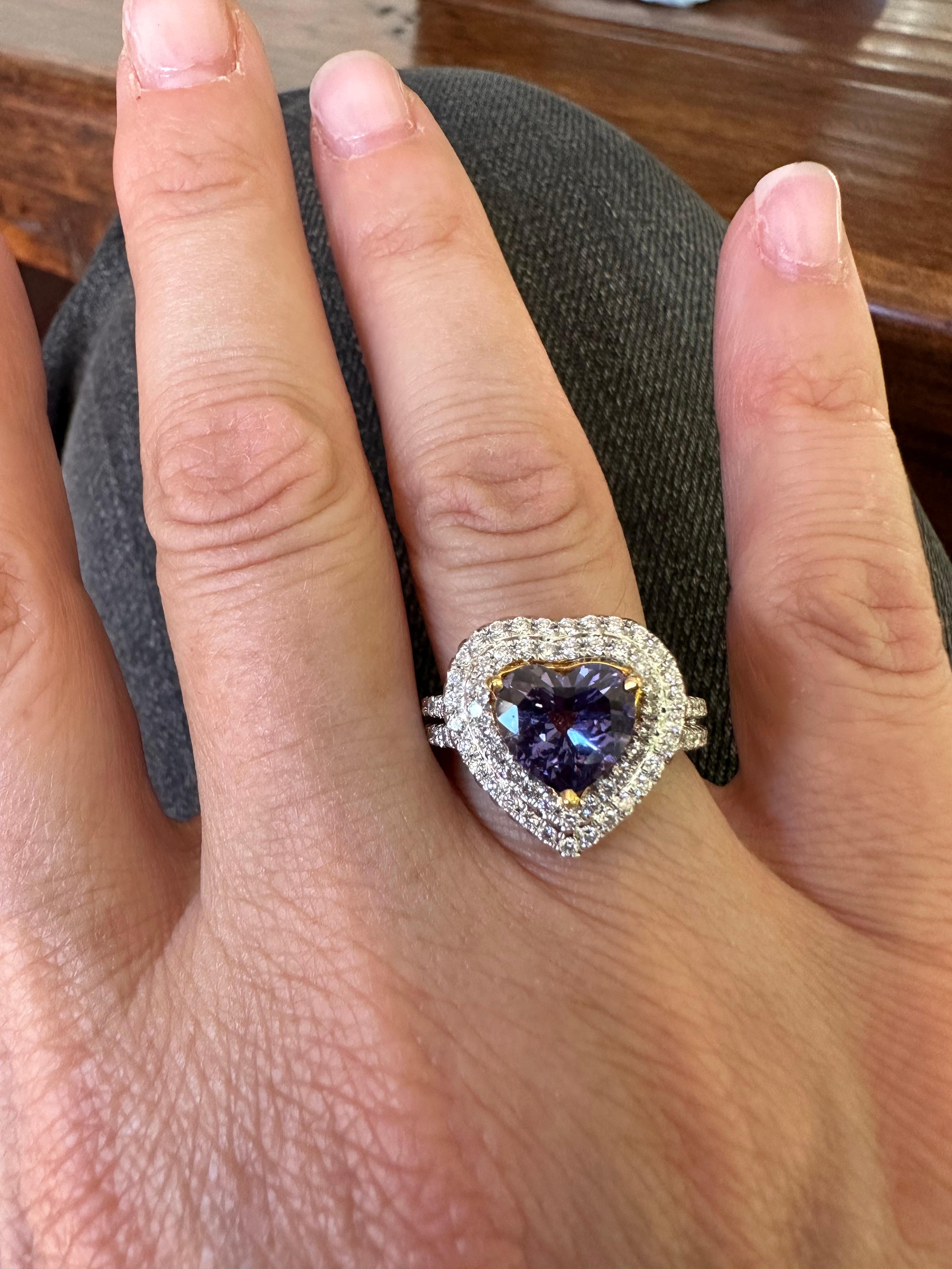 Natural Purple Madagascar Sapphire and Diamond Heart Ring  For Sale 1