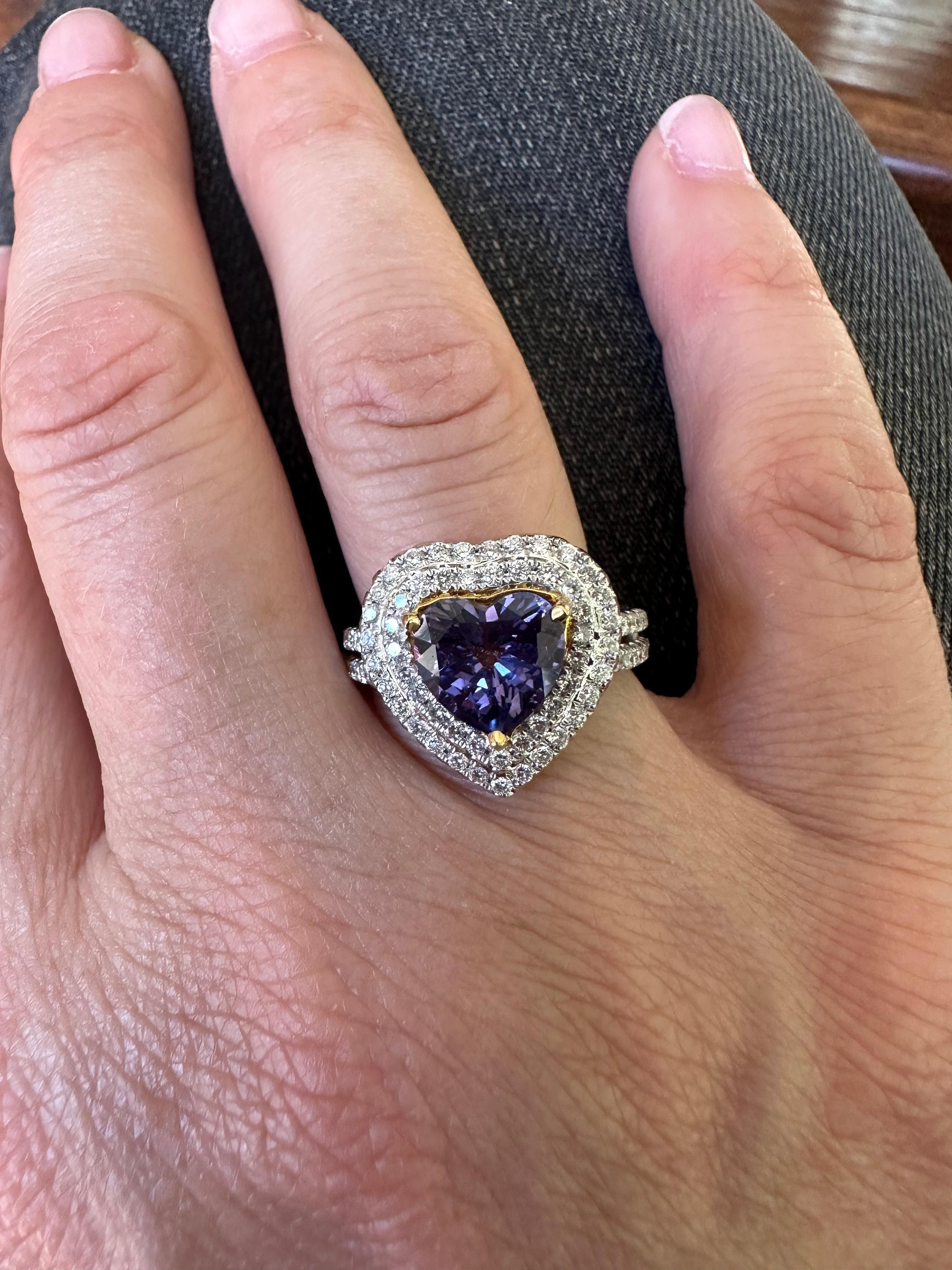 Natural Purple Madagascar Sapphire and Diamond Heart Ring  For Sale 2