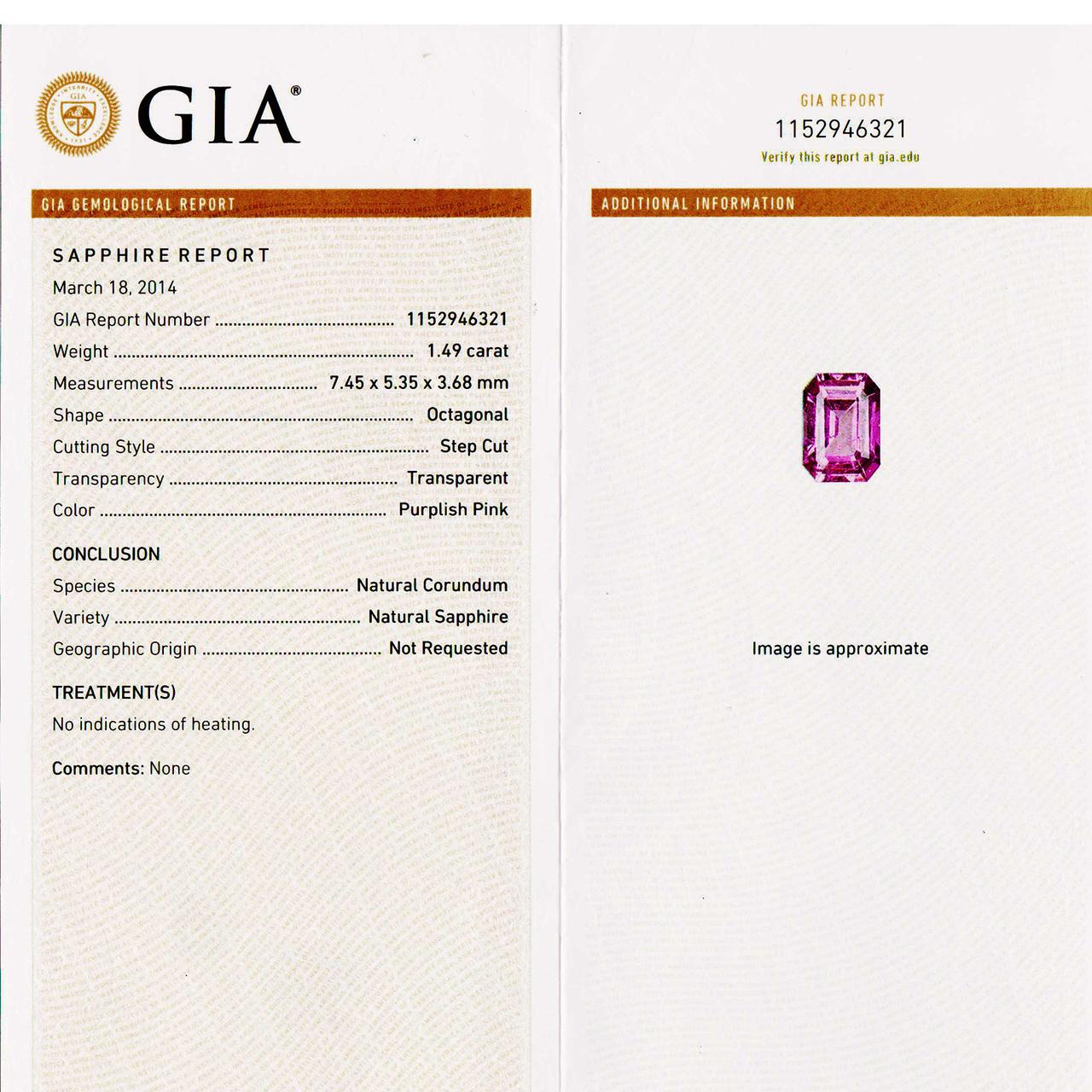 Women's GIA Certified 1.49 Carat Purple Pink Sapphire Diamond Platinum Engagement Ring For Sale
