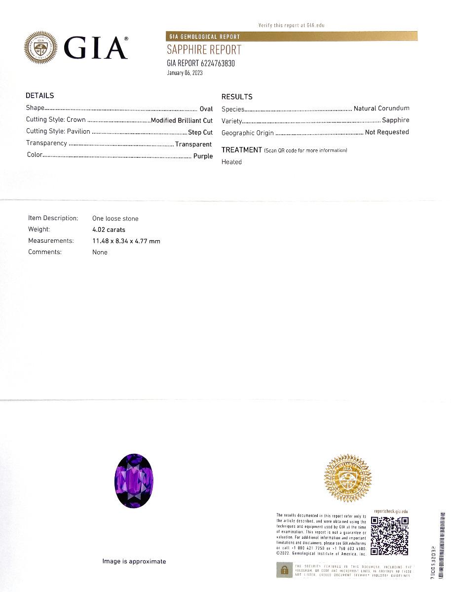 Taille mixte Pierre précieuse saphir violet naturel de 4.02 carats avec rapport GIA / JupiterGem en vente