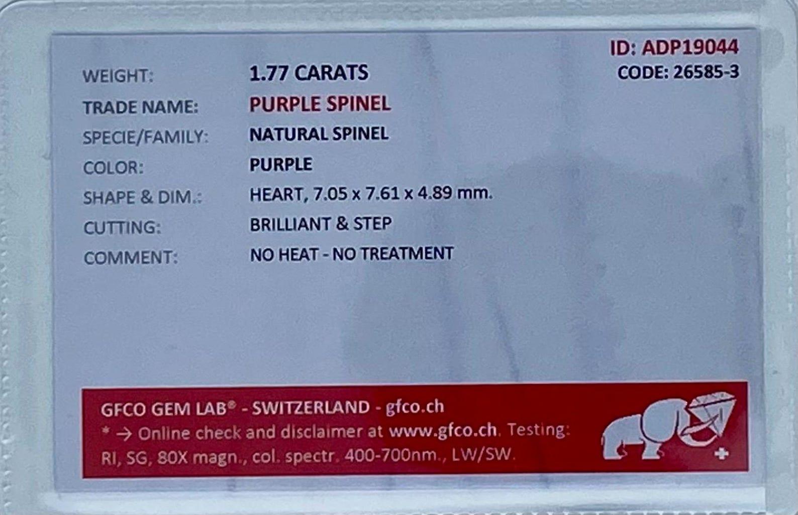 Women's or Men's Natural Purple Spinel Loose gemstone 1.77 Ct., Heart cut, Sri Lanka, Certificate For Sale