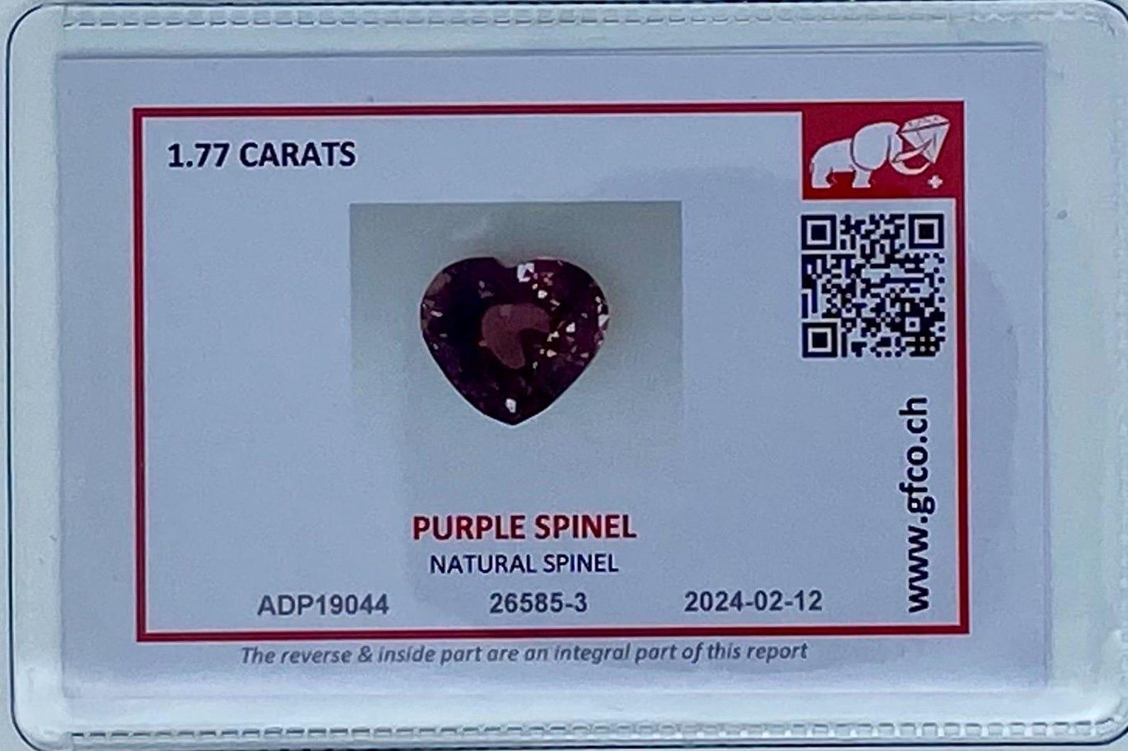 Natural Purple Spinel Loose gemstone 1.77 Ct., Heart cut, Sri Lanka, Certificate For Sale 1