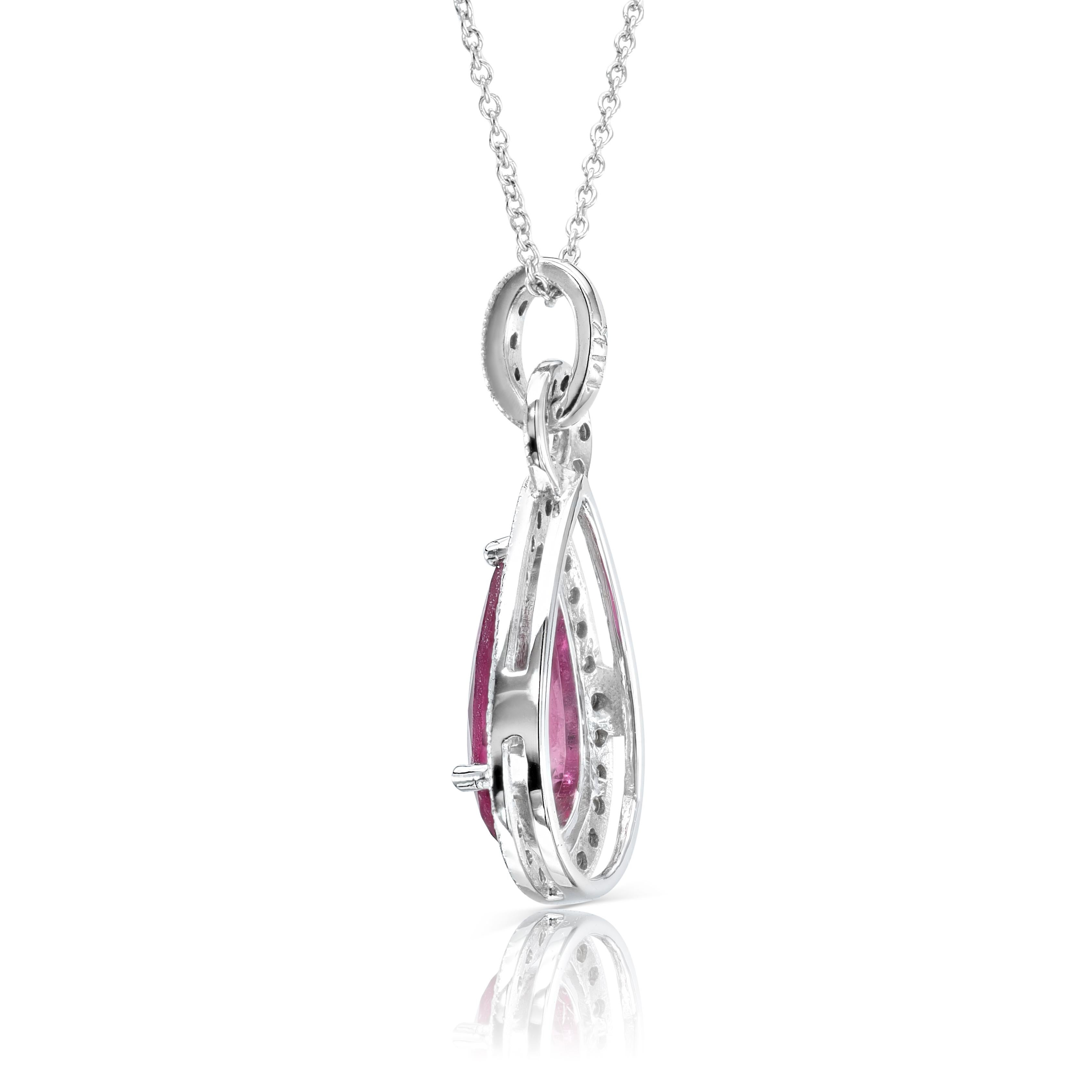 Natural Purplish Red Rubellite Gemstone 1.09 cts in 14KWG Pendant with Diamonds In New Condition For Sale In Los Angeles, CA