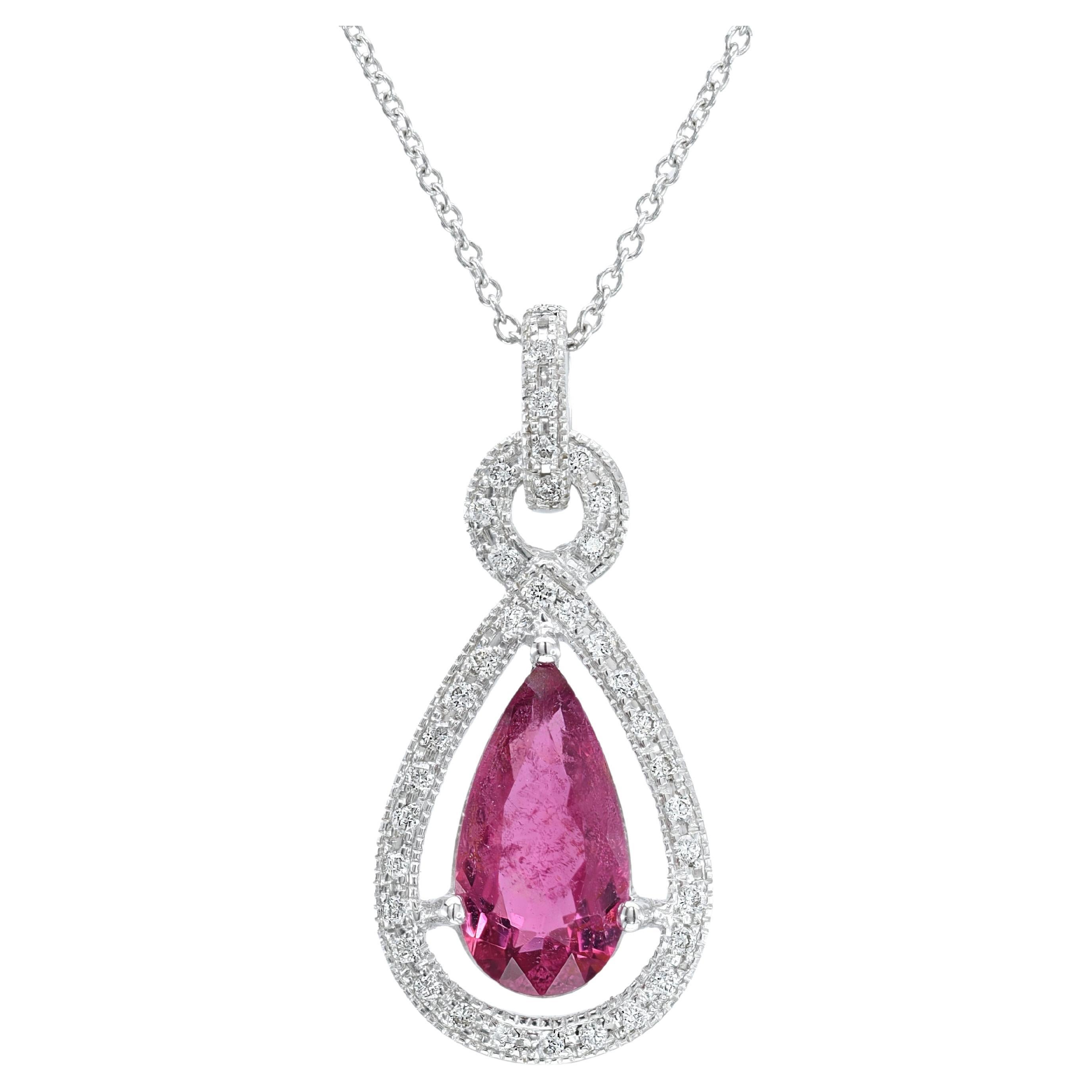 Natural Purplish Red Rubellite Gemstone 1.27 cts in 14KWG Pendant with Diamonds