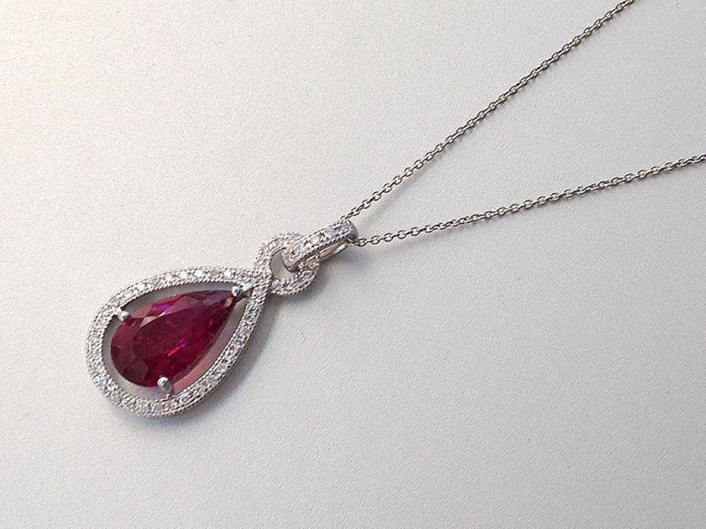 Mixed Cut Natural Purplish Red Rubellite Gemstone 1.72 cts in 14KWG Pendant with Diamonds For Sale
