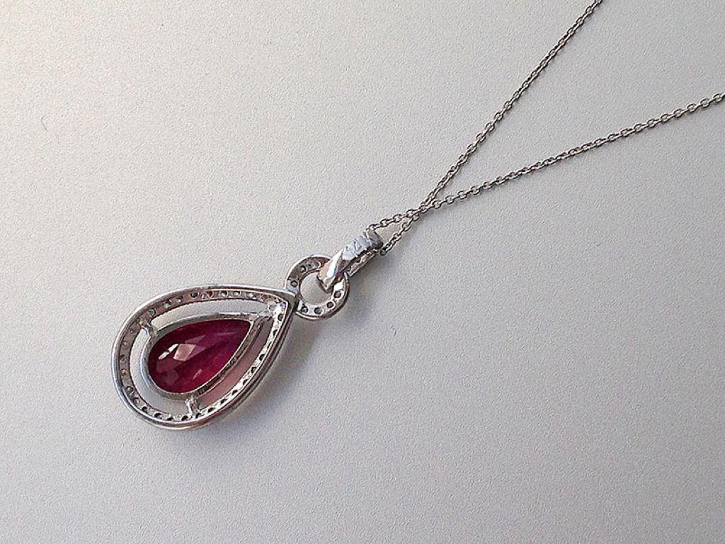 Women's Natural Purplish Red Rubellite Gemstone 1.72 cts in 14KWG Pendant with Diamonds For Sale