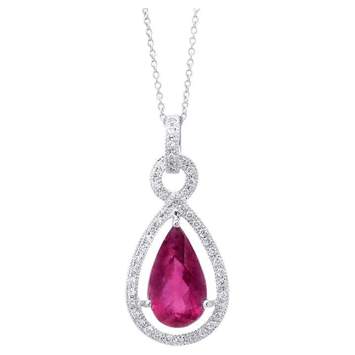 Natural Purplish Red Rubellite Gemstone 1.72 cts in 14KWG Pendant with Diamonds For Sale