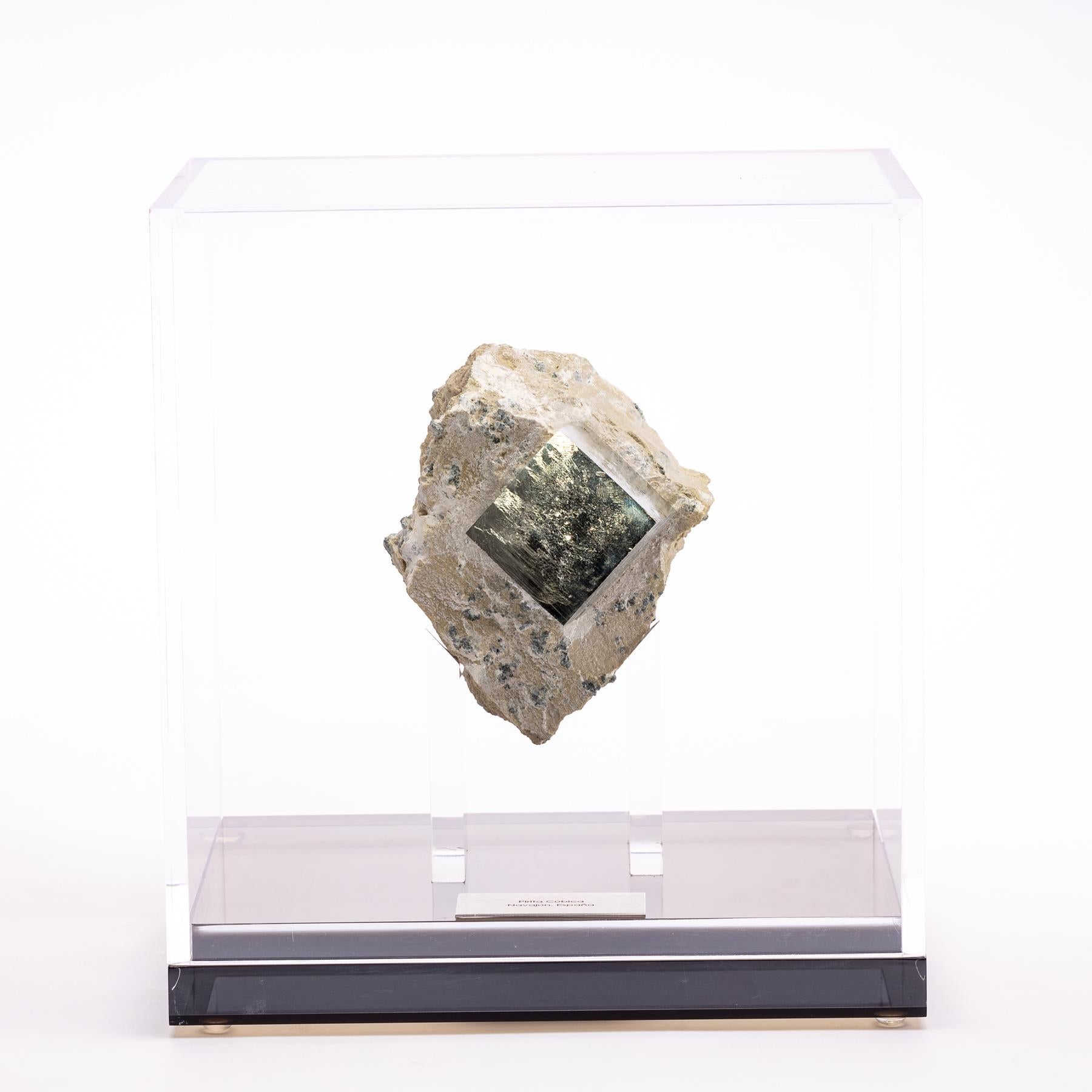 Impressive perfect natural pyrite cube from Navajun, Spain mounted in a custom made acrylic box.