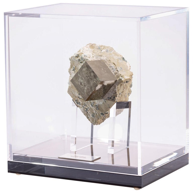 Natural Pyrite Cube from Spain in Acrylic Box at 1stDibs