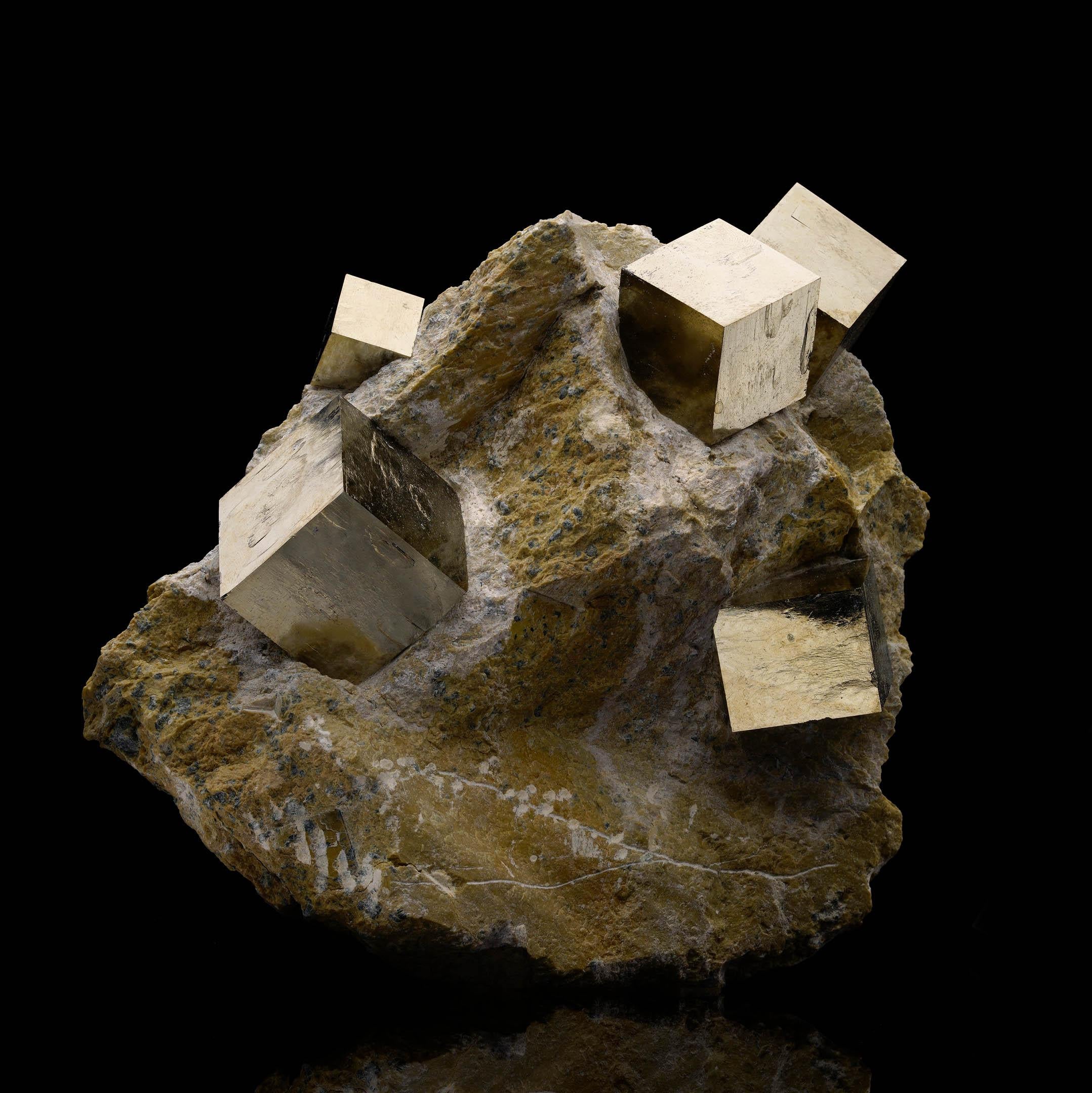 This exceptional Pyrite specimen from Spain showcases multiple large, sharply defined Pyrite cubes perfectly embedded in their natural matrix. The metallic luster and flawless geometric structure of each cube offer a stunning display of nature’s