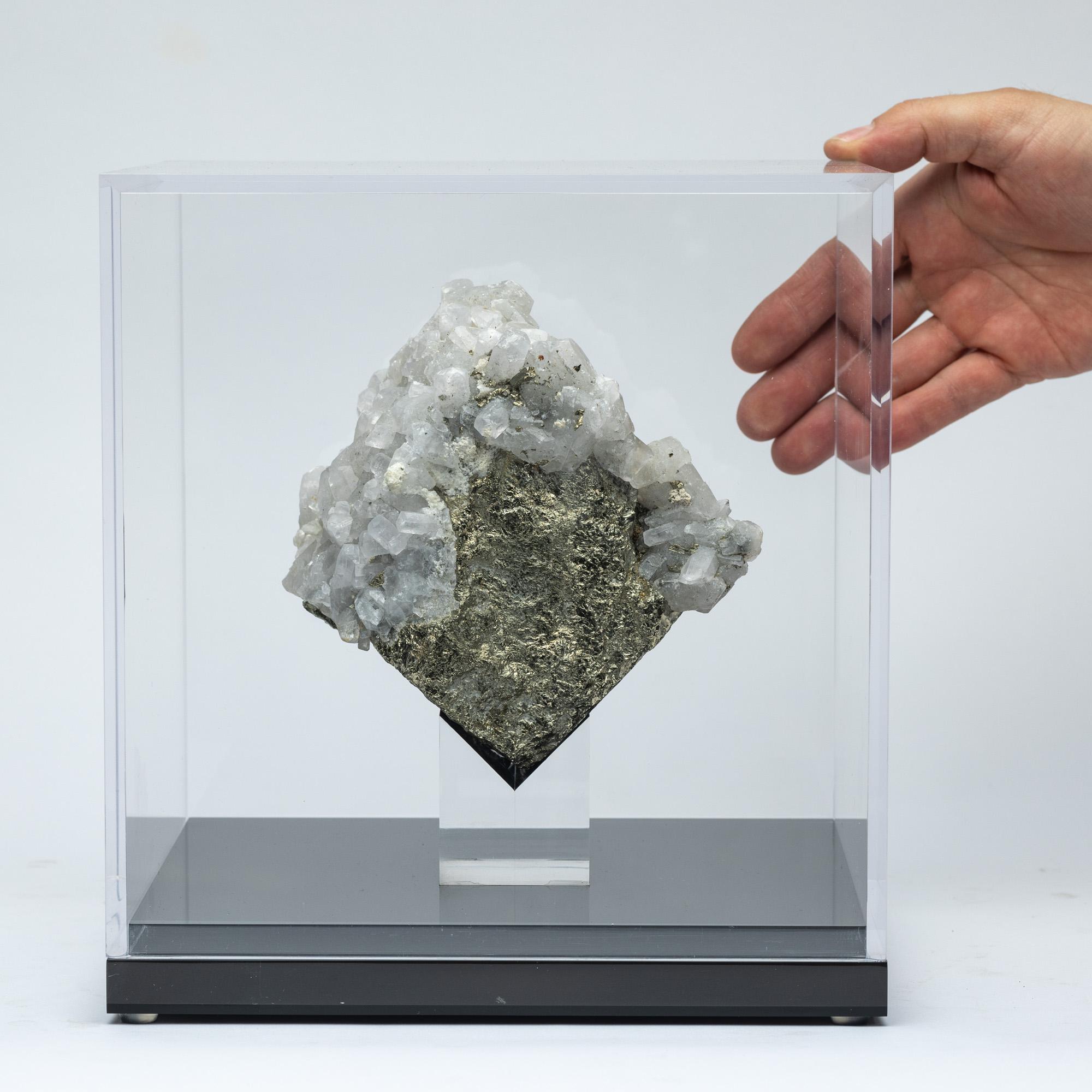 Natural Peruvian Pyrite with calcite inclusions mounted on custom acrylic box For Sale 3