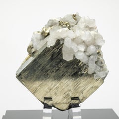 Natural Pyrite Specimen with calcite mounted on custom acrylic display from Peru