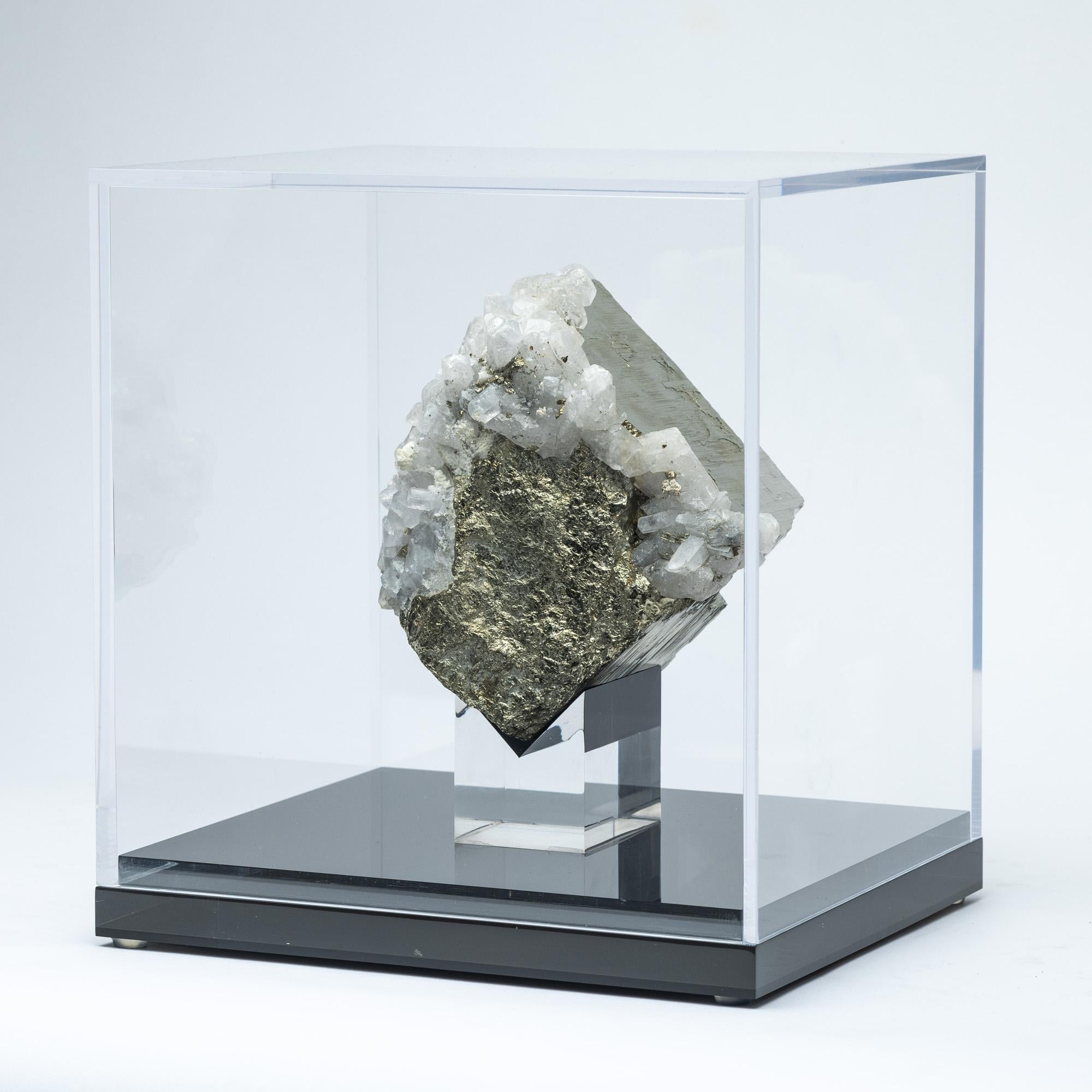 Organic Modern Natural Peruvian Pyrite with calcite inclusions mounted on custom acrylic box For Sale