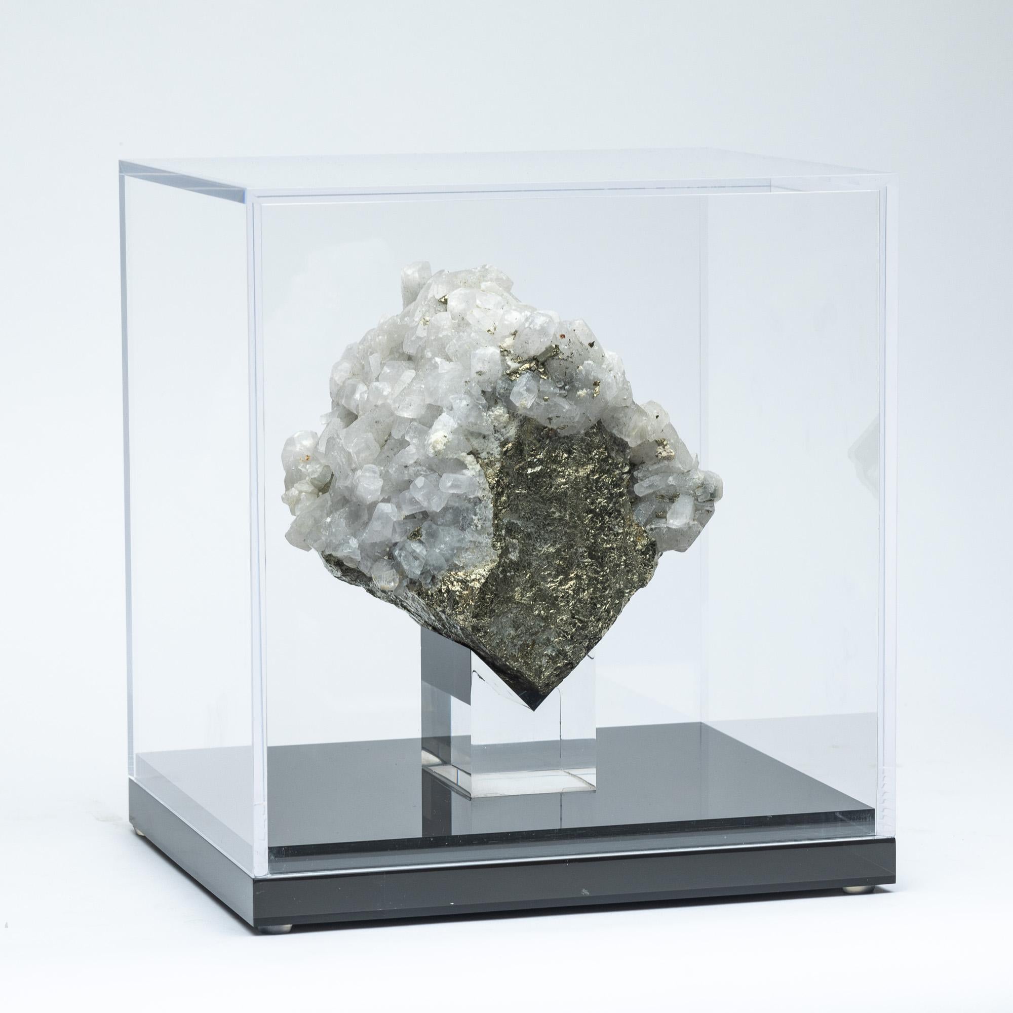 Mexican Natural Peruvian Pyrite with calcite inclusions mounted on custom acrylic box For Sale