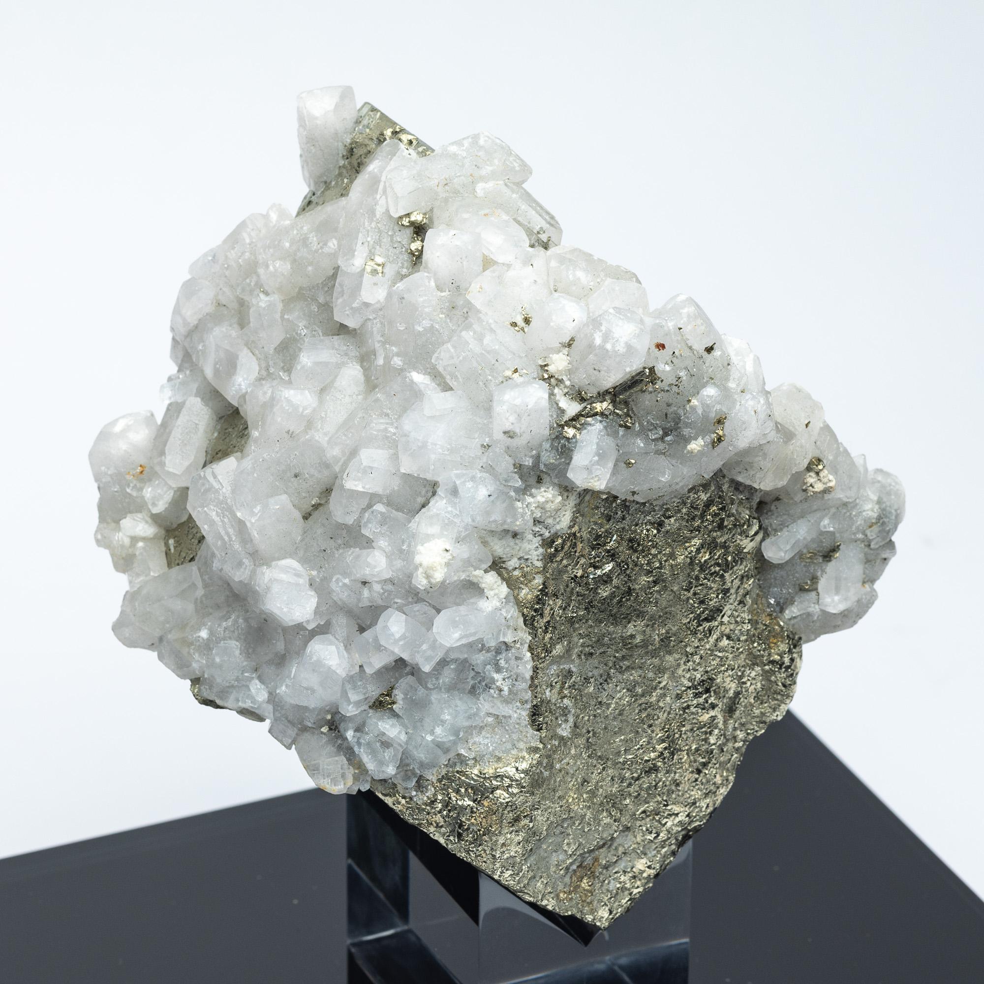Contemporary Natural Peruvian Pyrite with calcite inclusions mounted on custom acrylic box For Sale