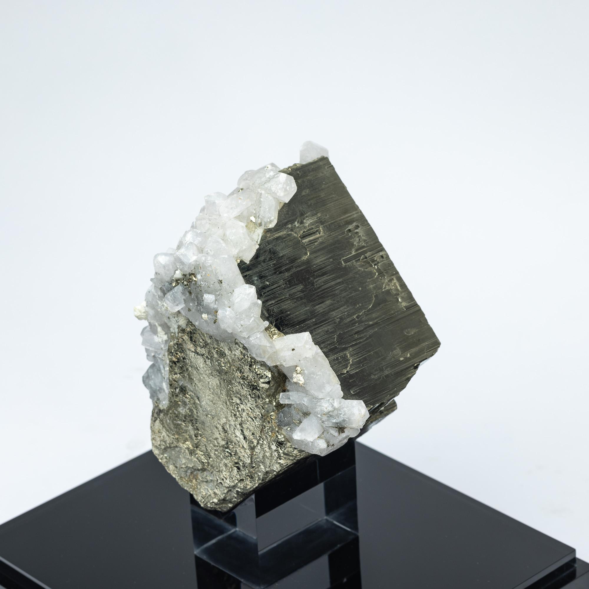 Acrylic Natural Peruvian Pyrite with calcite inclusions mounted on custom acrylic box For Sale