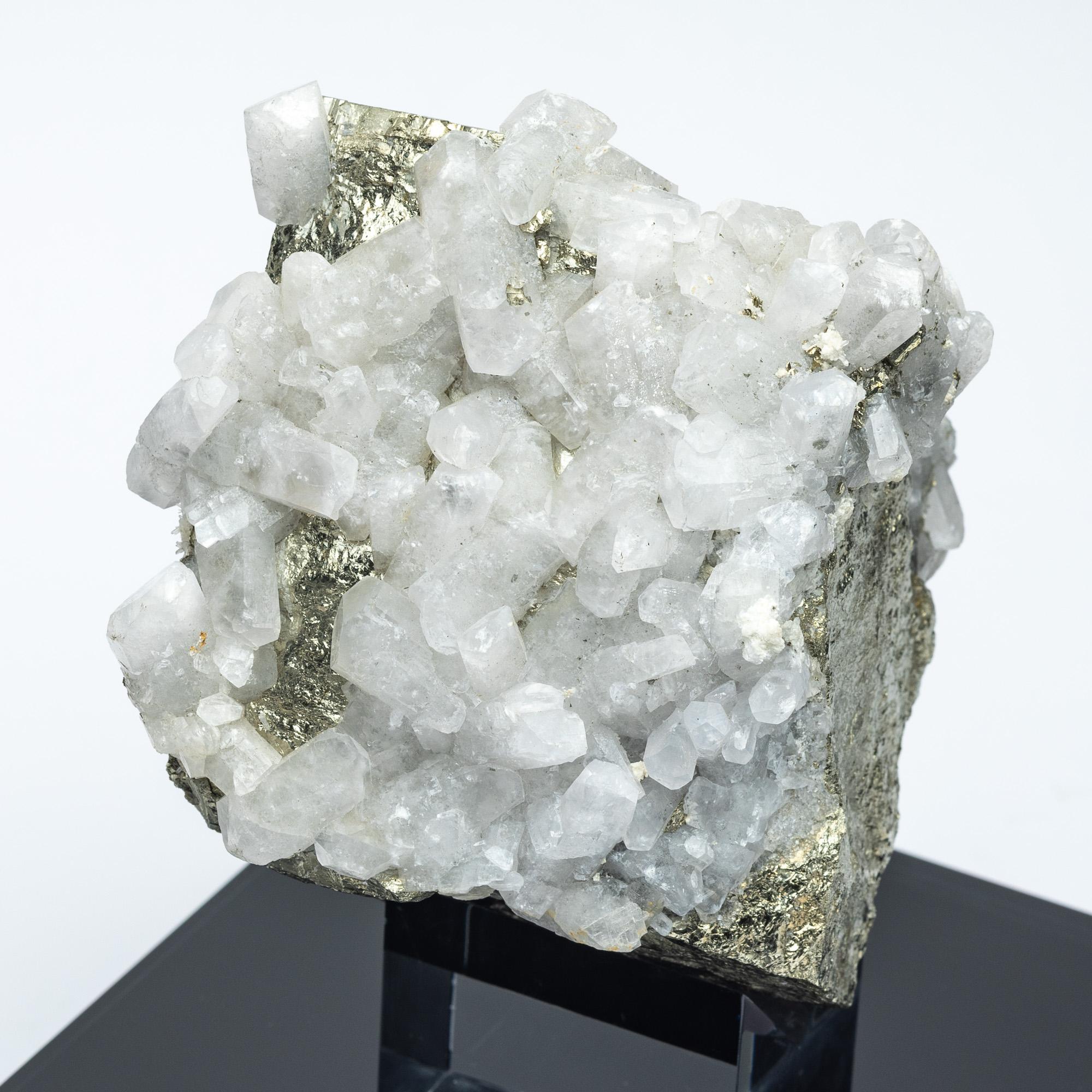 Natural Peruvian Pyrite with calcite inclusions mounted on custom acrylic box For Sale 2